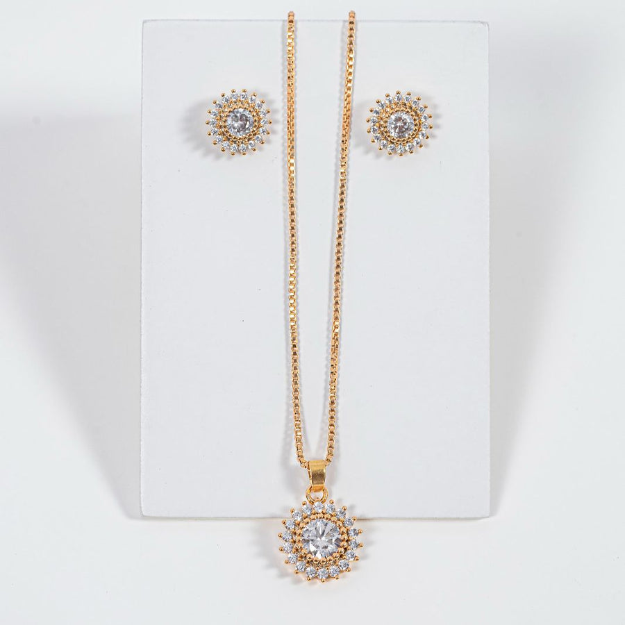 kit Colar e Brinco Ponts de Zircônia Cristal Banho de Ouro 18k