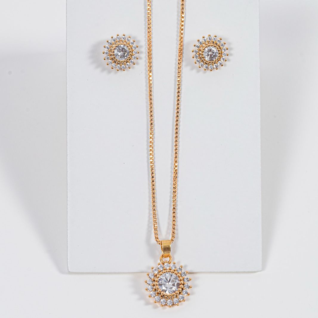 kit Colar e Brinco Ponts de Zircônia Cristal Banho de Ouro 18k