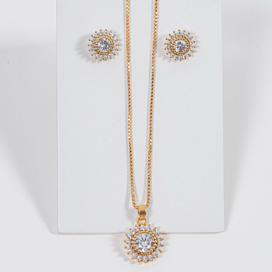 kit Colar e Brinco Ponts de Zircônia Cristal Banho de Ouro 18k
