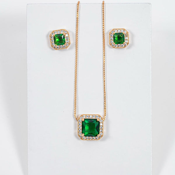 kit Colar e Brinco Quadrado Esmeralda de Zircônia Banho de Ouro 18k
