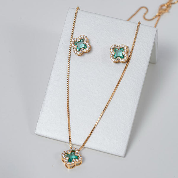 kit Colar e Brinco Trevo de Zircônia Turmalina Banhado a Ouro 18k