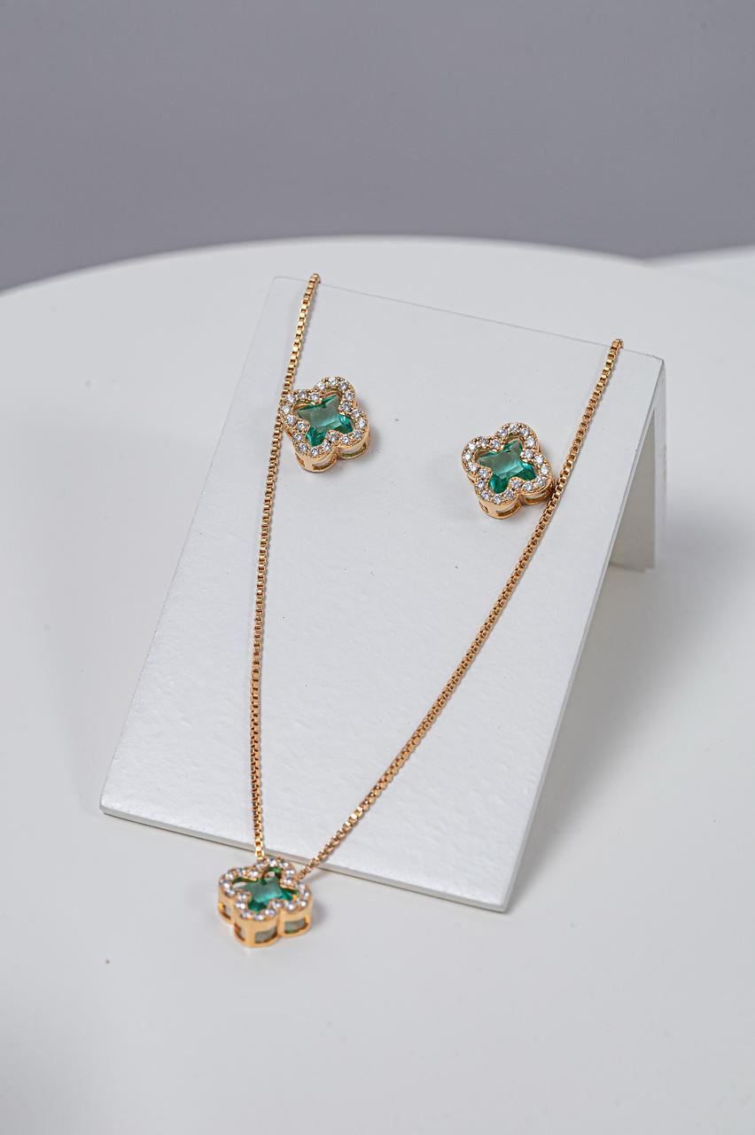 kit Colar e Brinco Trevo de Zircônia Turmalina Banhado a Ouro 18k