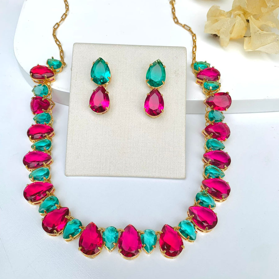 Kit Colar e Brinco Verde Esmeralda e Rosa Fúcsia Chris