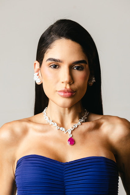 Kit Colar e Ear Curf em Prata Cristal com Fuscia Marquezine