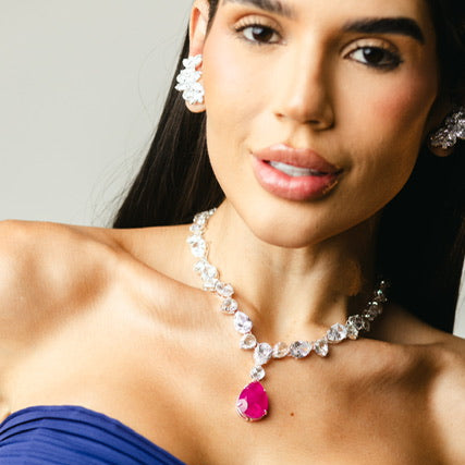 Kit Colar e Ear Curf em Prata Cristal com Fuscia Marquezine