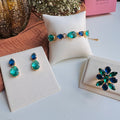 Kit de 3 Peças (Anel regulável, Brinco e Pulseira) Azul com verde Flora