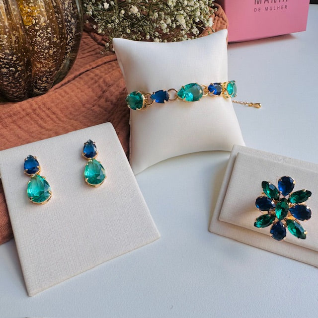 Kit de 3 Peças (Anel regulável, Brinco e Pulseira) Azul com verde Flora