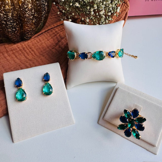 Kit de 3 Peças (Anel regulável, Brinco e Pulseira) Azul com verde Flora