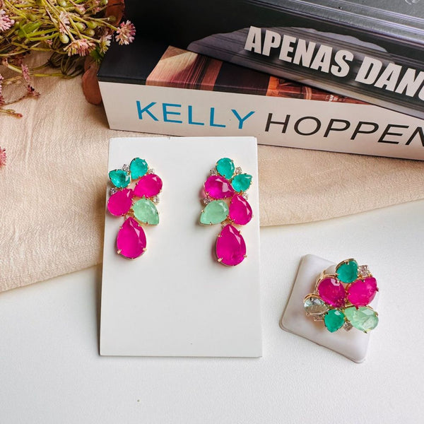 Kit de Anel + Brinco de Zircônia Pietra Verde Menta com Rosa Fucsia