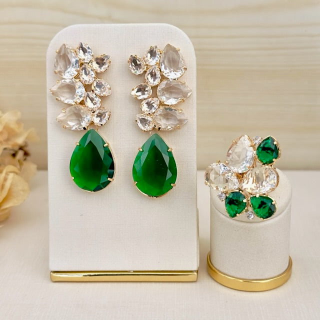 Kit de Anel com Brinco de Zircônia Vivian - Verde com Cristal