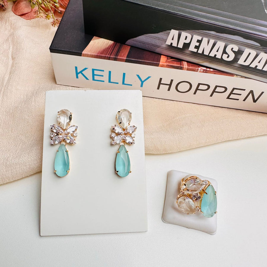 Kit de Anel com Brinco de Zircônia Silvana Cristal com Azul
