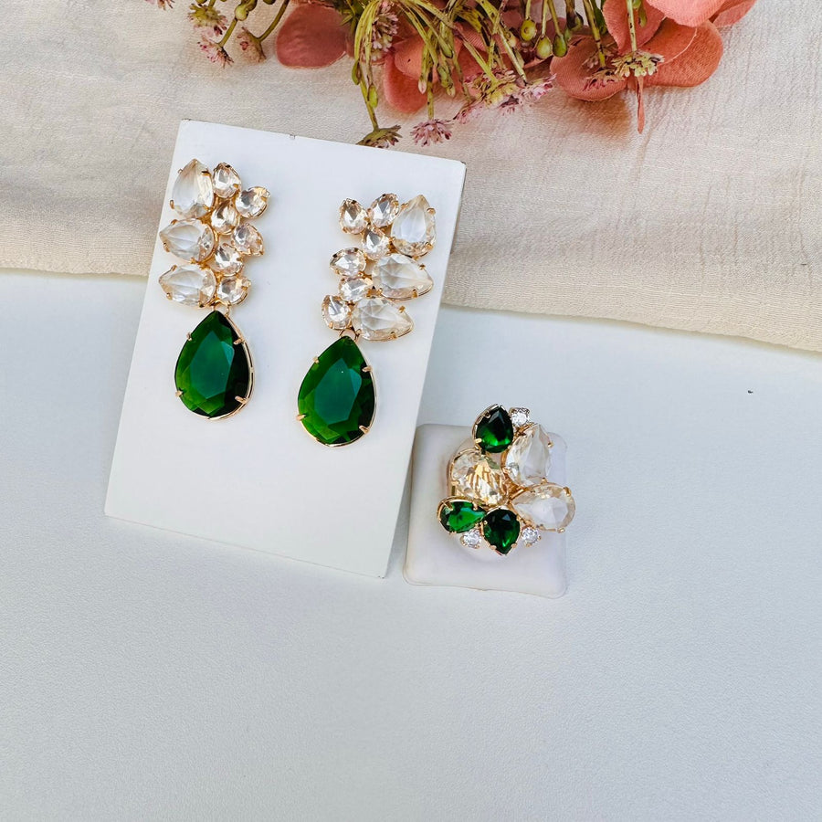 Kit de Anel com Brinco de Zircônia Vivian - Verde com Cristal