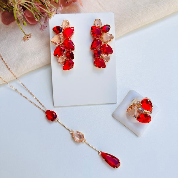 Kit de Colar + Brinco + Anel em Zircônia - Clara Vermelho com Nude