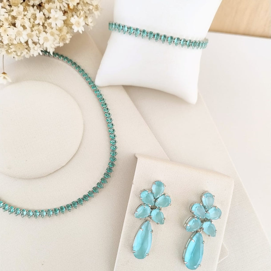 Kit de Riviera, Brinco e Pulseira Navete  de Zircônia Azul Prata