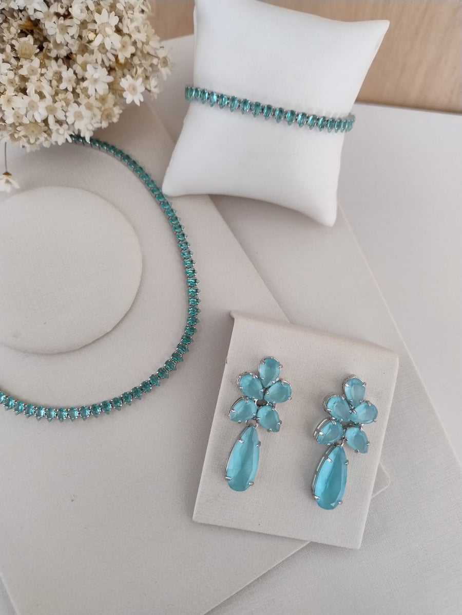 Kit de Riviera, Brinco e Pulseira Navete  de Zircônia Azul Prata