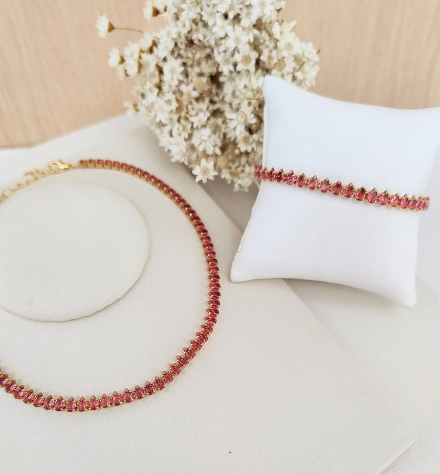 Kit de Riviera e Pulseira Navete Pink com Fúcsia Banho:Dourado