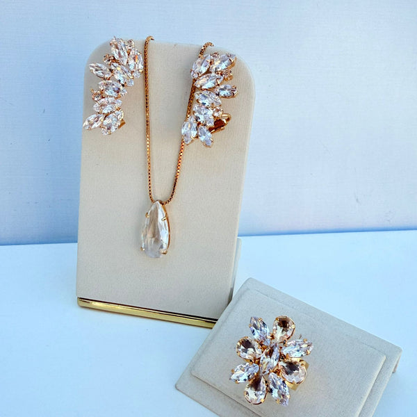 Kit Ear Cuff Colar e Anel Regulável Charloty Cristal