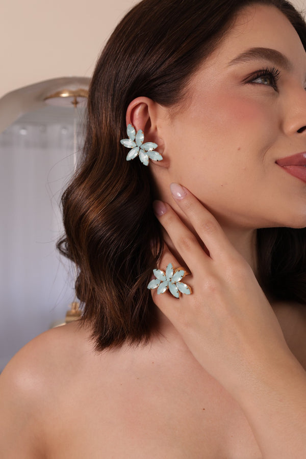 Kit Ear Cuff e Anel Regulável Thalisa Aquacmarine | Dourado