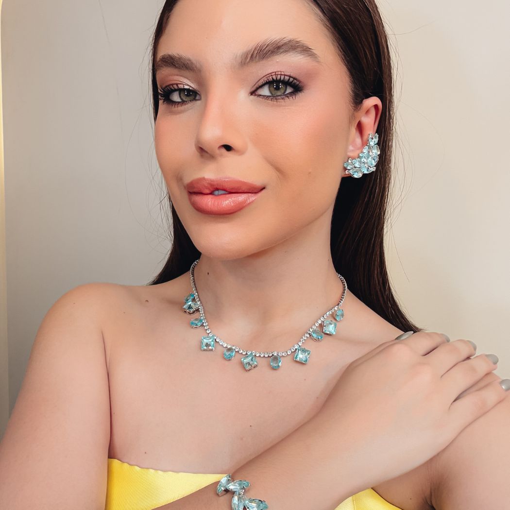 Kit Ear Curf Colar e Bracelete Celine Em Zircônia Azul Banho Prata