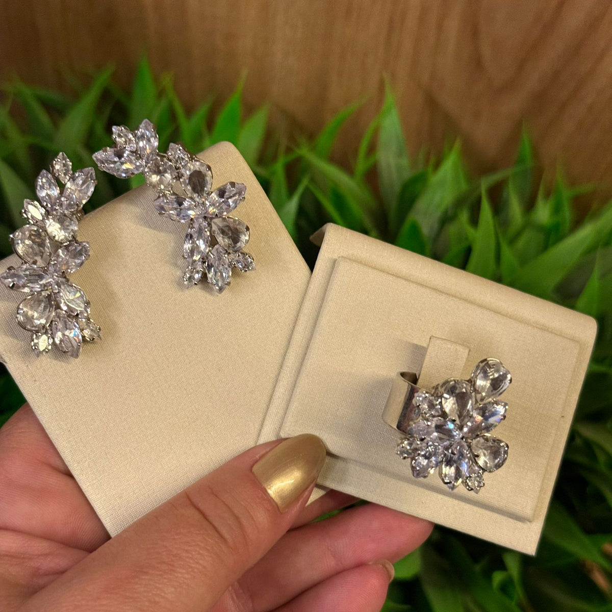 Kit Ear Curf e Anel Regulável de Zircônia Cristal  Prata - Lidy
