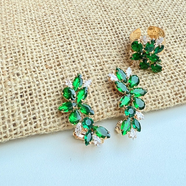 Kit Ear Curf e Anel Regulável de Zircônia Esmeralda - Lidy