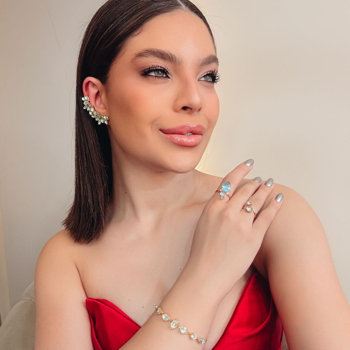 Kit Ear Curf, Pulseira E Dois Anéis Reguláveis Dalia Azul Claro