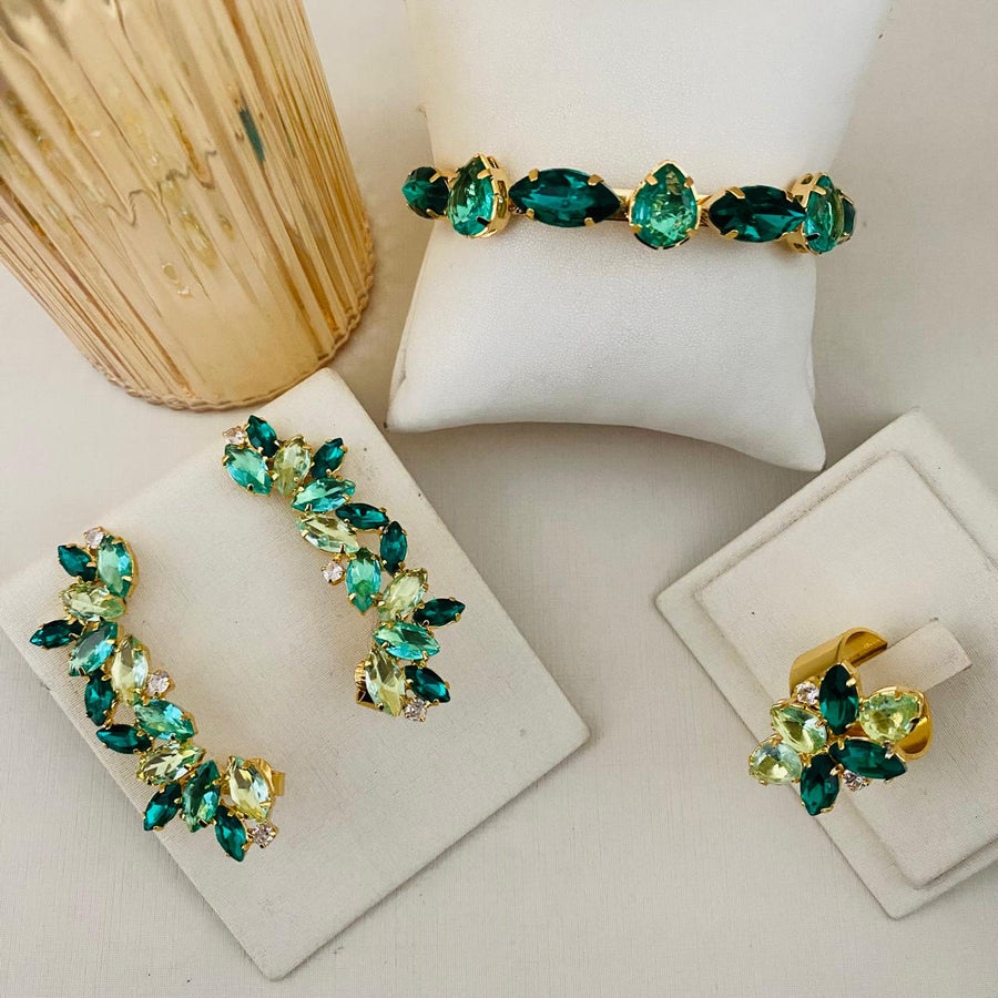 Kit Ear Kuff, Anel Regulavel e Bracelete Dalia De Zirconia Tons De Verde