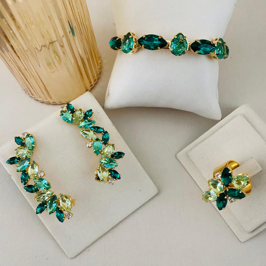 Kit Ear Kuff, Anel Regulavel e Bracelete Dalia De Zirconia Tons De Verde