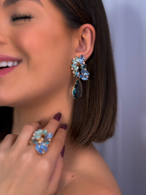 Kit Elegância Brinco e Anel Regulável Tons de Azul Serenety Amanda Dourado