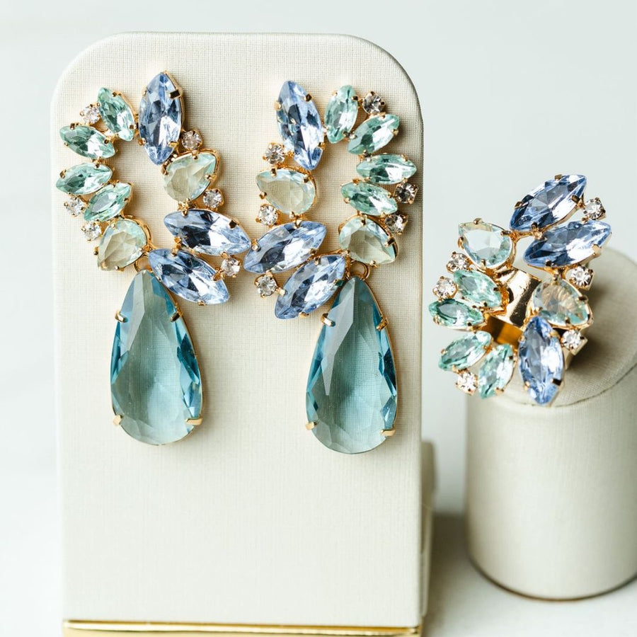 Kit Elegância Brinco e Anel Regulável Tons de Azul Serenety Amanda Dourado
