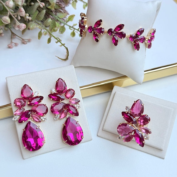 Kit Pulseira, Brinco e Anel Regulável Pink com Fúcsia Gaby