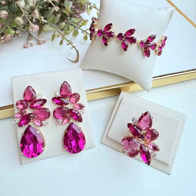 Kit Pulseira, Brinco e Anel Regulável Pink com Fúcsia Gaby