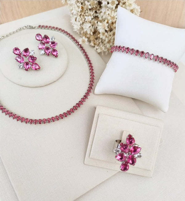 Kit Rivieira, Pulseira, Anel e Brinco de Zircônia Fúcsia Valentina Banho:Dourado