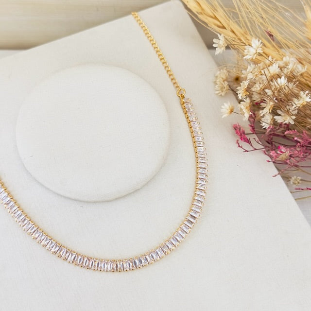 Meia Choker de Zircônia Rafas Cristal Dourada