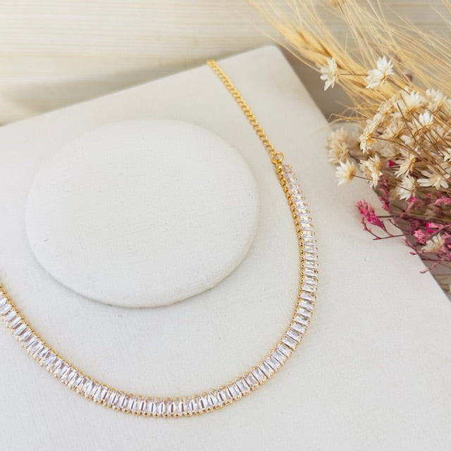 Meia Choker de Zircônia Rafas Cristal Dourada