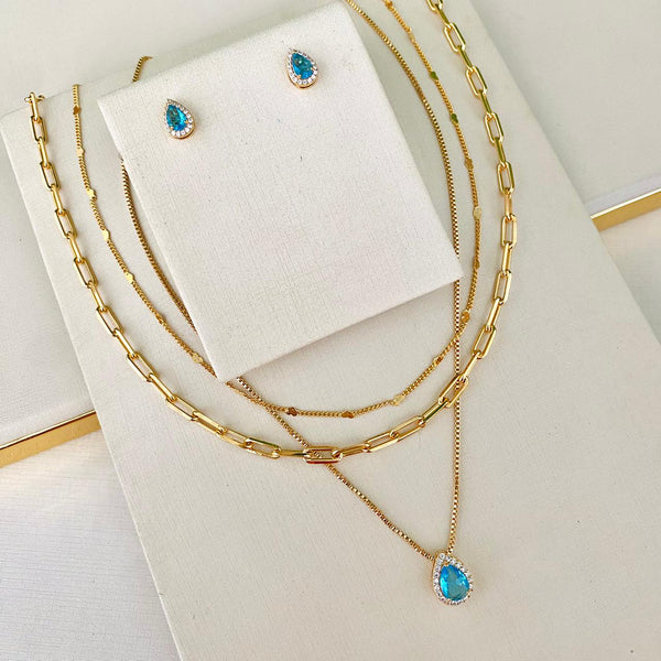 Trio de Colares + Brinco em Zircônia Cinderela Azul Dourado